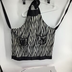 Gourmet Club Zebra Print Apron Black White Halter Neck Front Pockets Bows